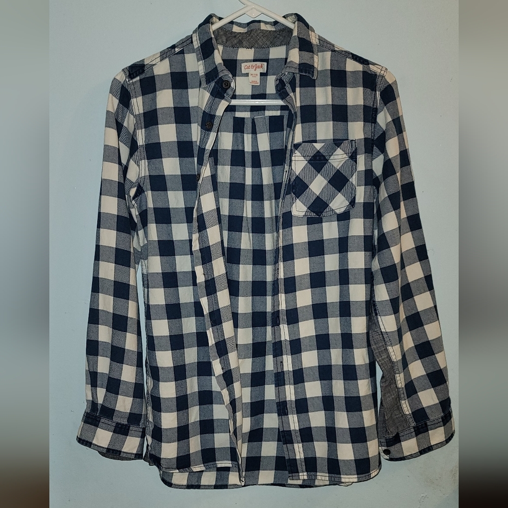 Cat & Jack blue white flannel Plaid button down long sleeves Shirt